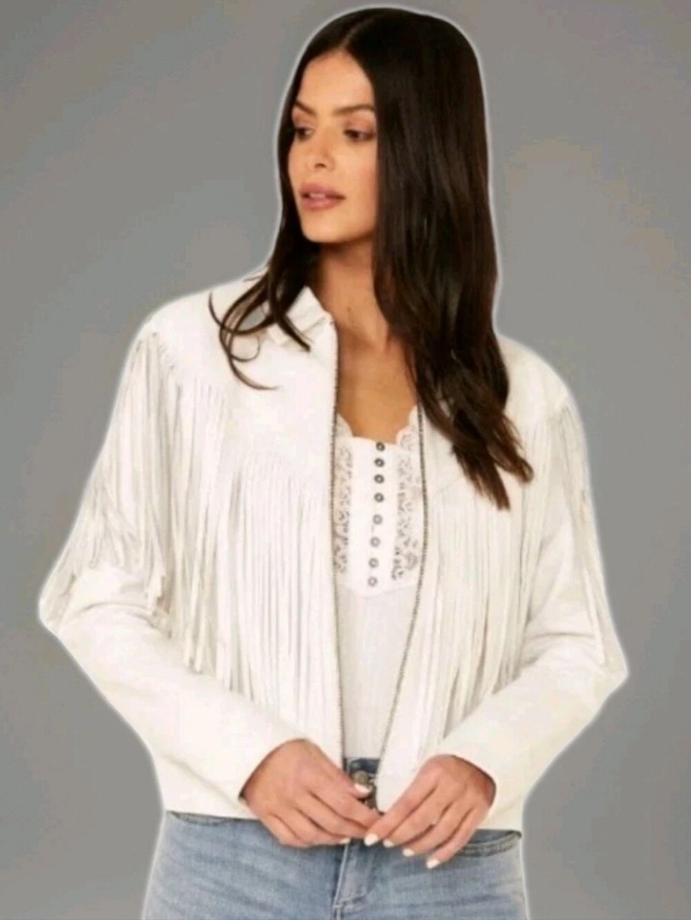 Idllywind Day Off Fringed Leather Jacket Woman Large White Cropped Zip Front